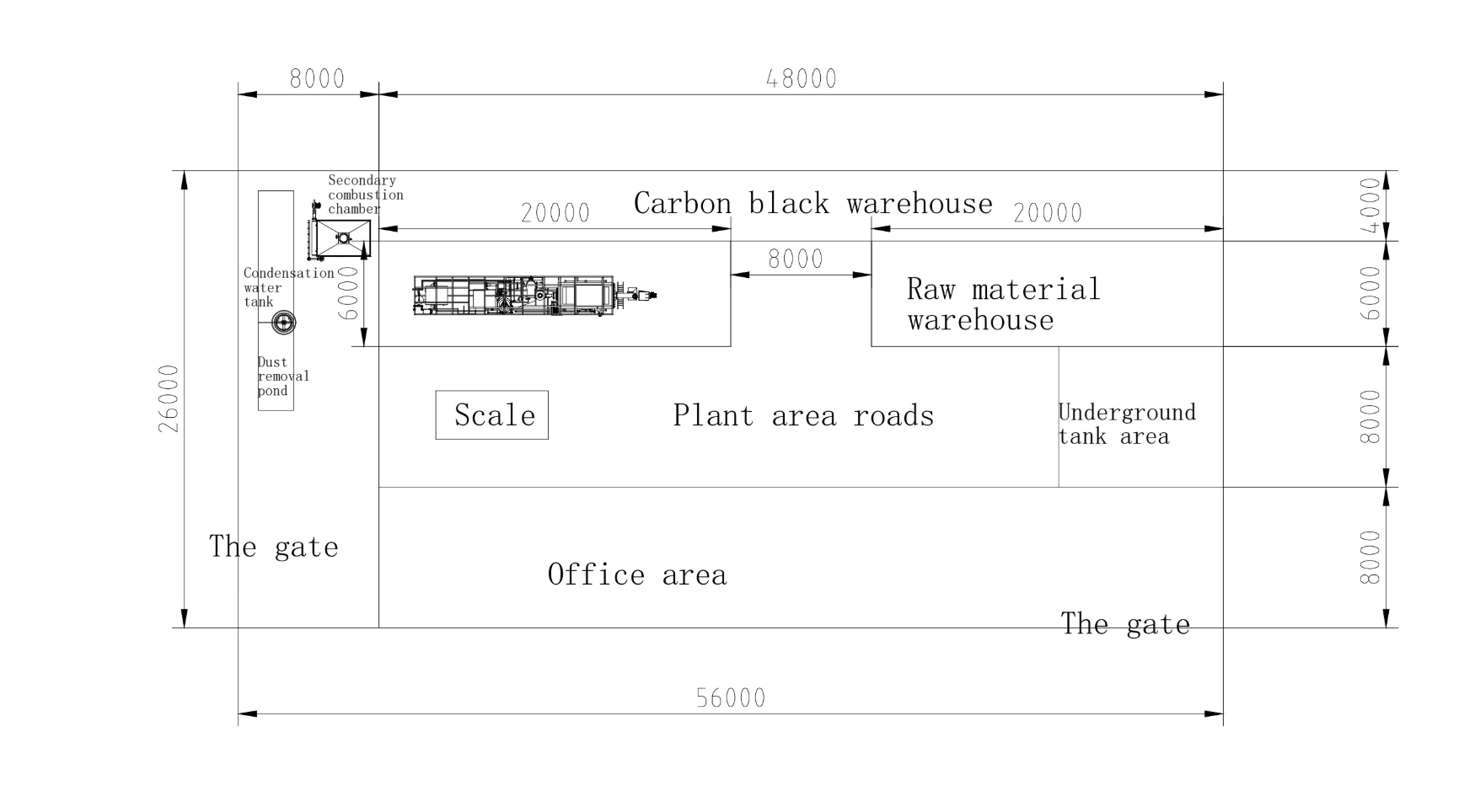 Site layout drawing for one hotel waste system, 56 x 26 metre plot
